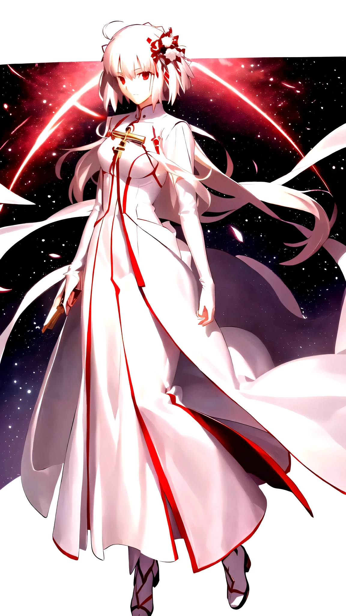 Anime style woman in a white dress with a red and white dress, White-haired God, destiny grand order, anime style like destiny/Stay Night, Flowing white robes, destiny / Stay Night, Best anime 4k konachan wallpaper, ufotable art style, Key Visual, anime Key Visual of elegant, destiny/zero, Kschaert Krentz Key Art Feminine