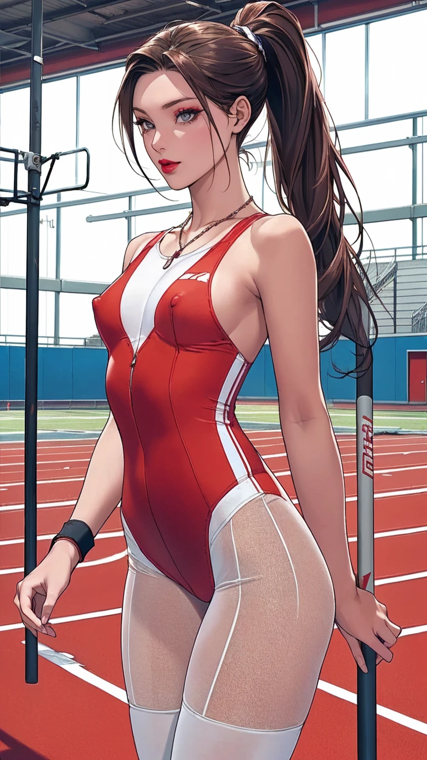 240710B. Masterpiece. A hyper realistic image of Claire. Beautiful woman. ((Perfect body)). Sexy. Slim. ((Solo)). ((Women's Pole Vault. In the Indoor track field with pole vault mats, poles, and bleachers. Standing energetically by the pole vault mat, bodysuit open slightly. Red athletic bodysuit with white stripes, matching shorts, and running shoes. Sheer red stockings. Hairstyle: High ponytail. Makeup: Bold eyeliner, red lips. Stopwatch necklace, wristbands.)). (See-through, bare pantyhose). ((Show erected small areolas thru clothes)). ((Show trimmed vulva)). ((Divine features, oval face)). Graceful presence. (Captivating and perfect grey eyes). (Silky ginger hair). Rosy tint complexion. Captivating smile with enchanting lips. Slender figure. ((Perfect hands)). Sense of style with alluring charm. Effortless elegance, sophisticated. ((High fashion image)). (((((Cowboy shot))))).