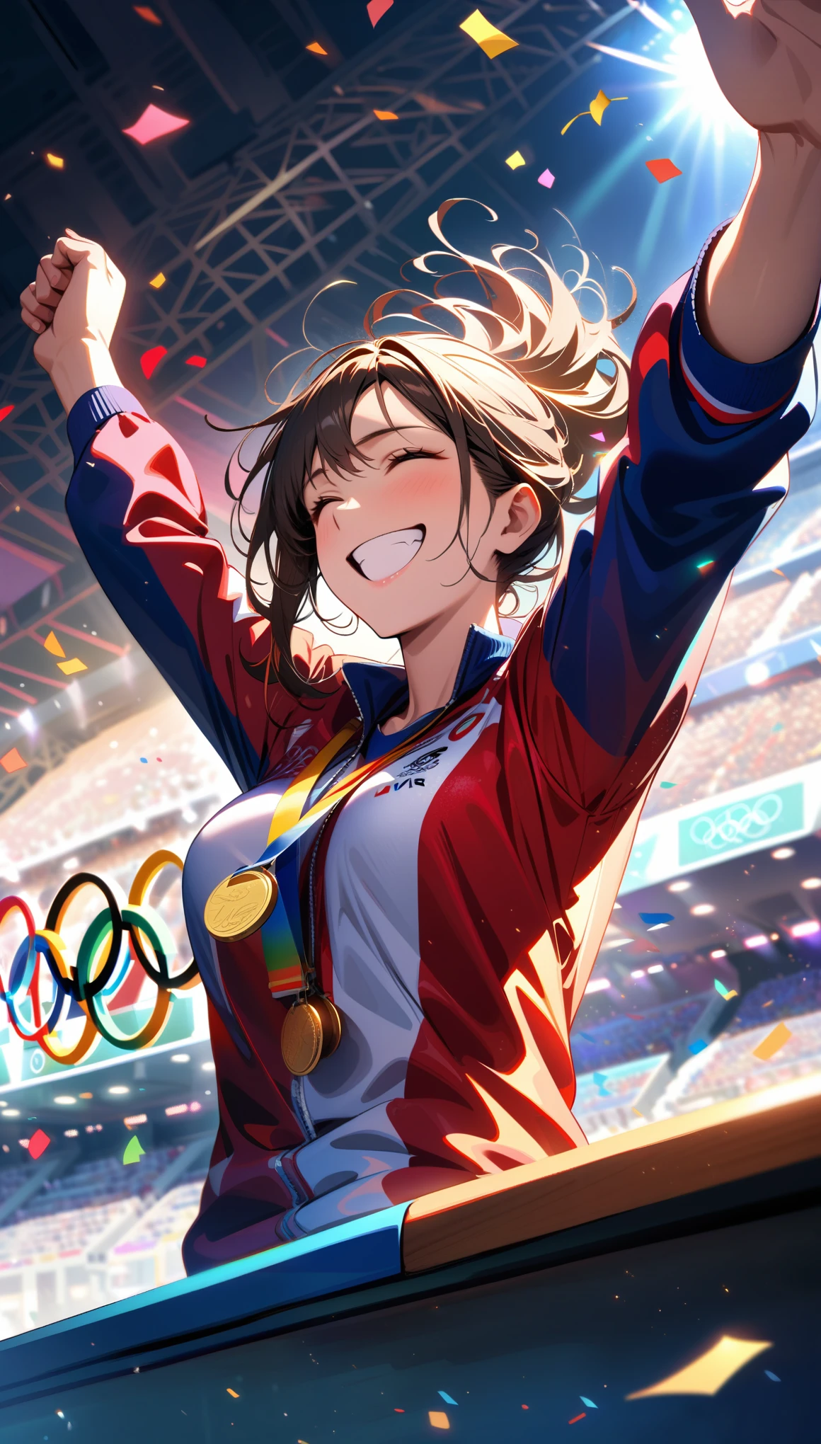 Masterpiece, Best Quality, Super Detailed, High Definition, HDR, Depth, Fine Texture, Super Fine, Complete concentration, award-winning moment, emotional expression, athlete holding a gold medal, Olympic podium, dramatic lighting, cheering crowd, confetti falling, joyful tears, smile of triumph, sports uniform, celebratory atmosphere, intricate details, volumetric lighting, lens flare, cinematic light, vibrant colors, vivid colors, professional, ultra-detailed, intricate details, dynamic composition, depth of field, detailed textures, triumphant pose, sense of accomplishment, Olympic Games 2024 Paris, Olympic rings, proud moment, gold medal ceremony