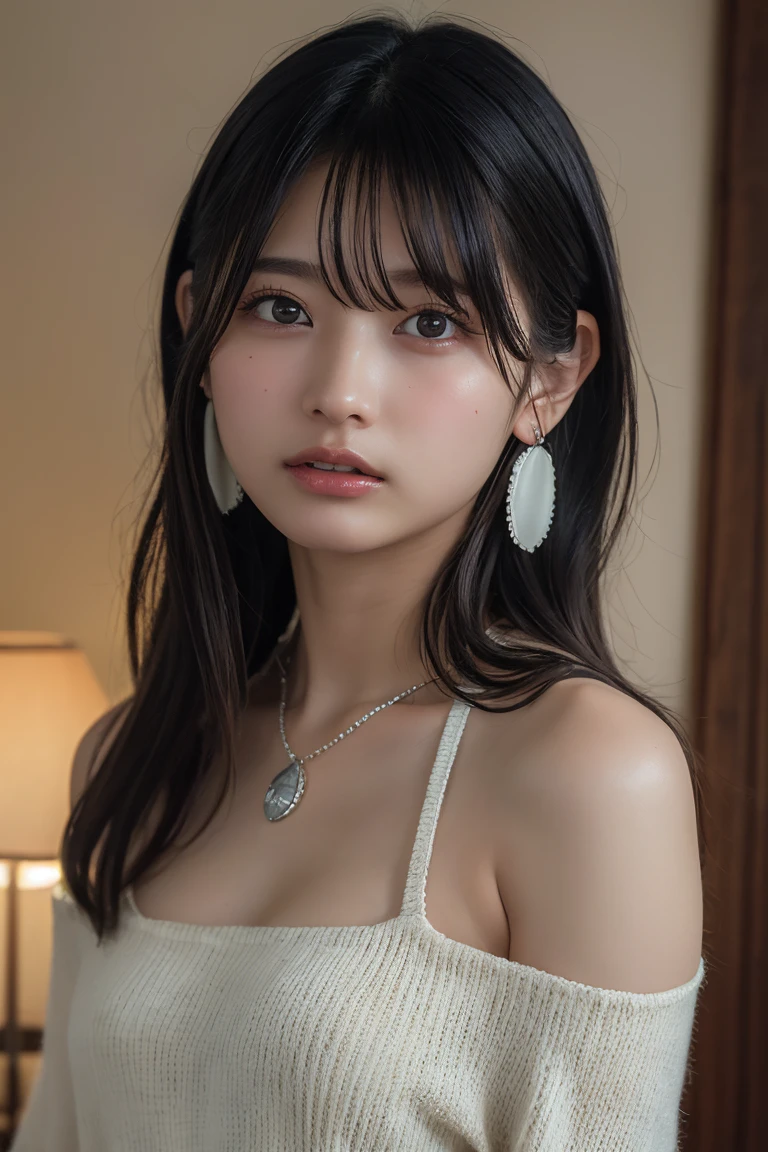 (Highest quality:1.4),(masterpiece:1.4),(Realistic:1.4),(Realistic:1.2),(超High resolution, RAW Photos:1.4),(High resolution, Ultra-detailed:1.2),(8k:1.2),View your viewers,Cinematic photography,One person,skeletally correct,Black-haired woman,Woman in her early 20s,(Small earrings,necklace,Summer knit with bare shoulders),(Western-style building interior,Dimly lit room,The lamplight shines on my cheeks)