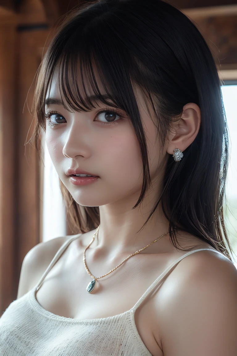 (Highest quality:1.4)，(masterpiece:1.4)，(Realistic:1.4)，(Realistic:1.2)，(超High resolution， RAW Photos:1.4)，(High resolution， Ultra-detailed:1.2)，(8k:1.2)，View your viewers，Cinematic photography，One girl，skeletally correct，Black-haired woman，Woman in her early 20s，(Small earrings，necklace，Cream-colored summer knit with bare shoulders)，（Western-style building interior，Dimly lit room，The lamplight shines on my cheeks）