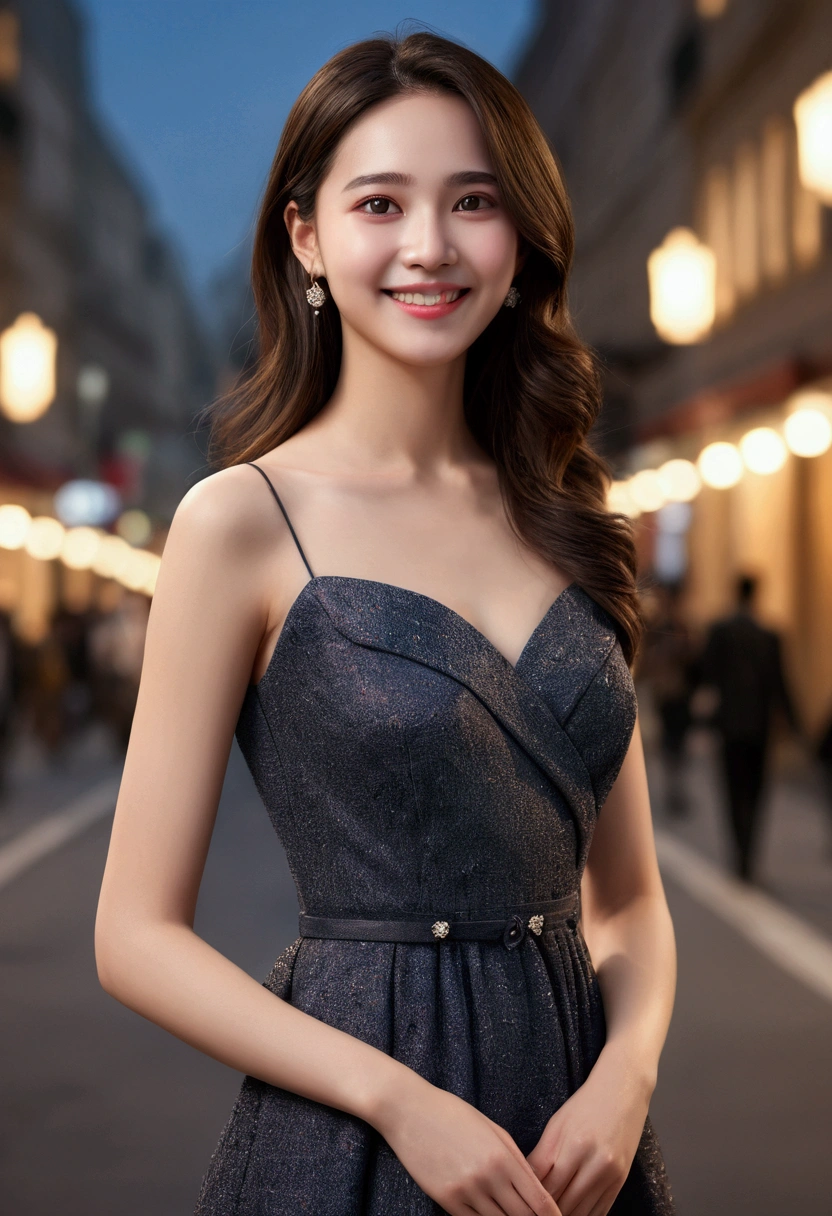 ((Best Quality, 8k, masterpiece :1.3)), 1 girl, smiling, Whole body, thin face, Beautiful woman, (Dark brown hair), long dress :1.1, Ultra detailed face, detailed eyes, double eyelid, blurred background, thin face, city, outside, Street,