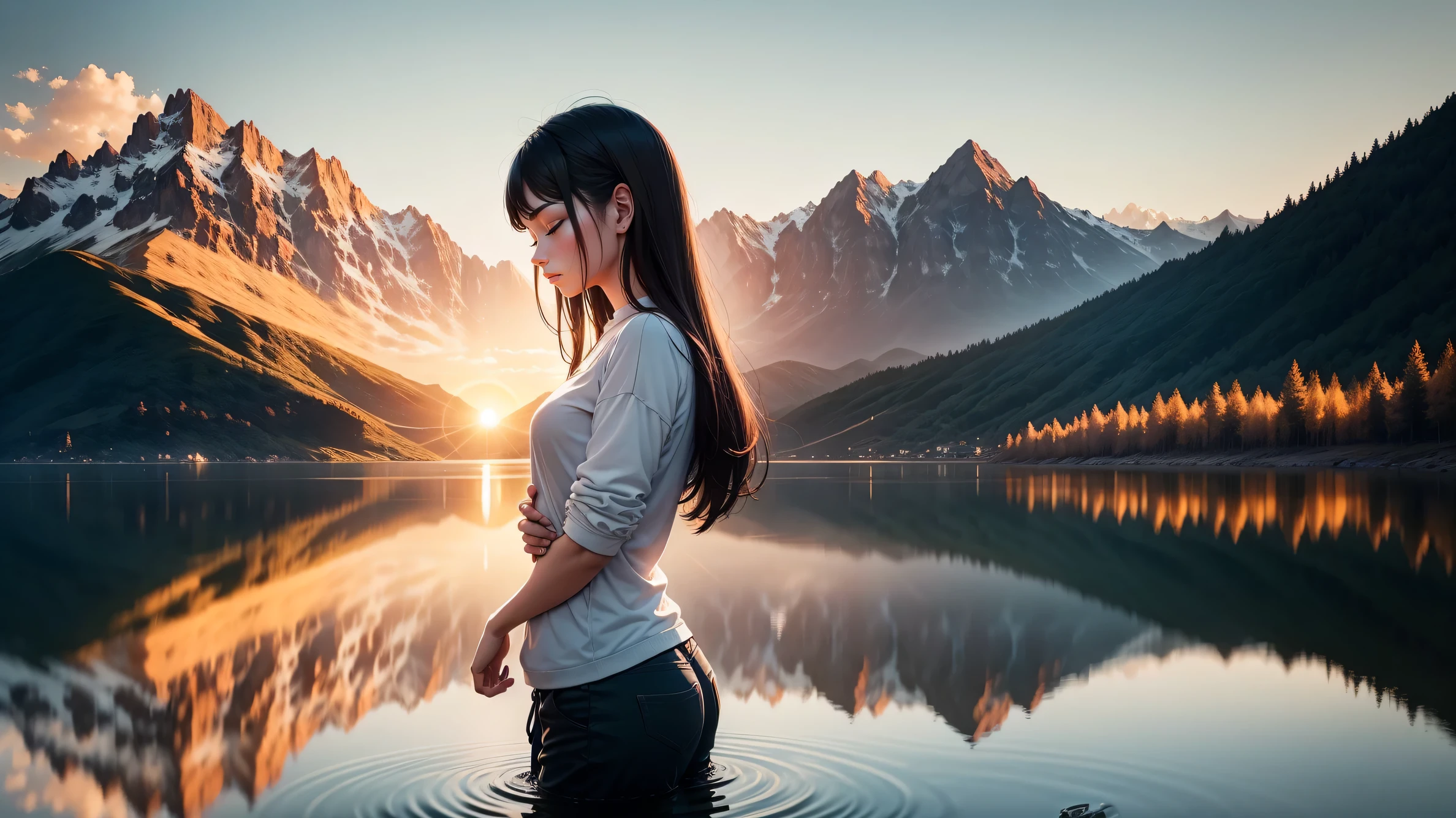 A breathtaking scene with a spectacular sunset over a calm lake surrounded by majestic mountains. En el centro de la imagen, a person stands with hands folded in prayer and eyes closed in deep meditation. Just above them, An artistic representation of God, surrounded by a divine aura of light, look with compassion at the person meditating. A luz dourada do sol poente banha a paisagem, creating a peaceful and spiritual atmosphere