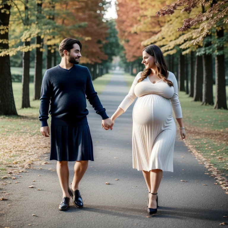 fine art portrait of a very elegant 35yo European woman, highest quality, sexy face high resolution, Eleonora Pavinat 35yo old, woman, sexy loose sweater, sexy loose skirt, very long loose skirt, woman with extremely huge breasts, plus size, pregnant belly, extremely erotic lady, walking in the park with her son, (((holding hand with her son))).