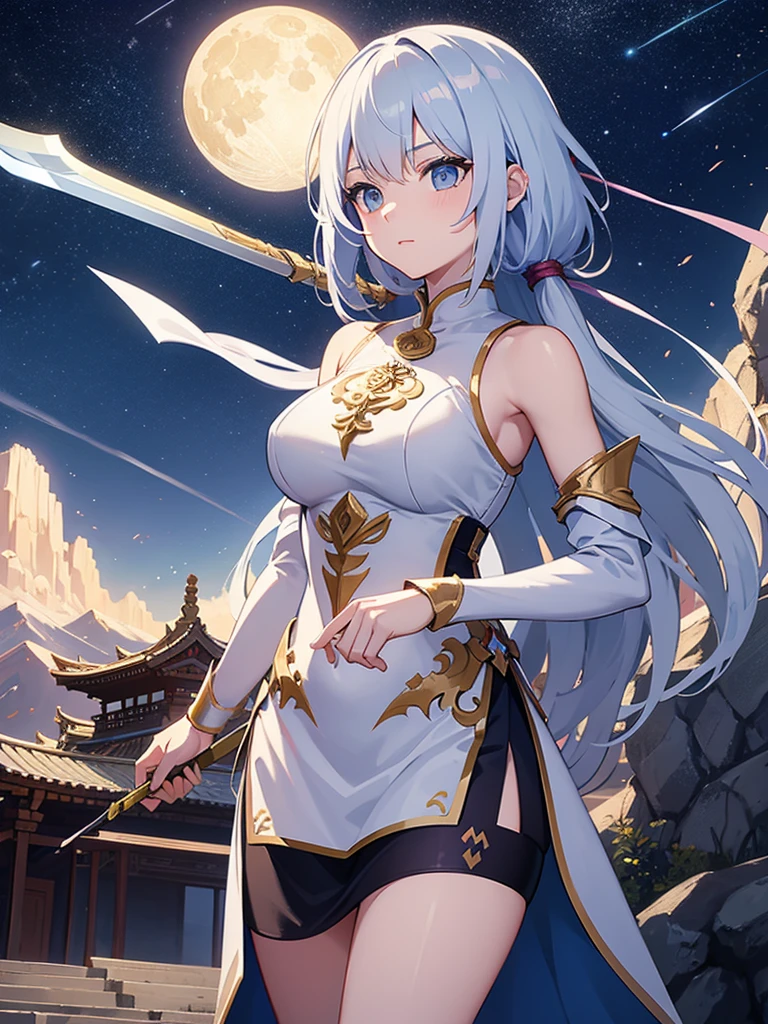 dragon girl, first you, clear hair, with sensual armor, carrying a sword, environment above the mountains as well as the clouds, near a temple, the starry night sky with two moons in the sky