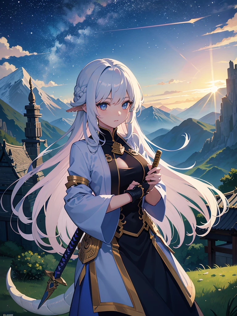 dragon girl, first you, clear hair, with sensual armor, carrying a sword, environment above the mountains as well as the clouds, near a temple, the starry night sky with two moons in the sky