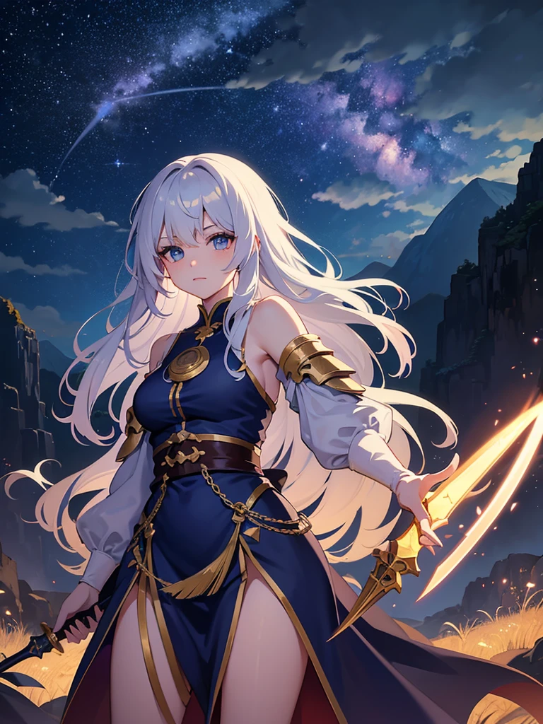 dragon girl, first you, clear hair, with sensual armor, carrying a sword, environment above the mountains as well as the clouds, near a temple, the starry night sky with two moons in the sky