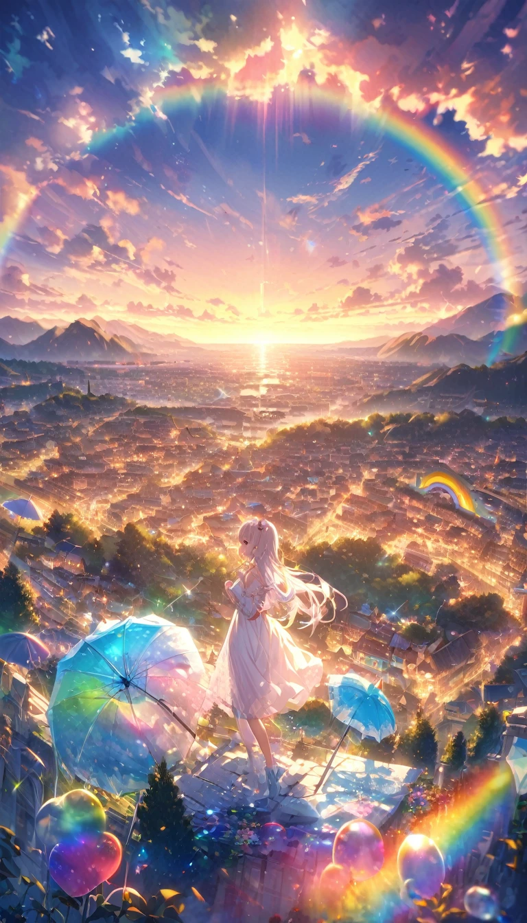 rainbow色の傘、Angel Umbrella, Detailed landscape, sunrise, rainbow, 雨のTown, horizon, In the sky, Town , Lens flare, colorful, An atmosphere full of dreams and hope，masterpiece．16K, Ultra-high resolution, to be born,wonderful ,future、rainbow色の、The world 30 years from now。