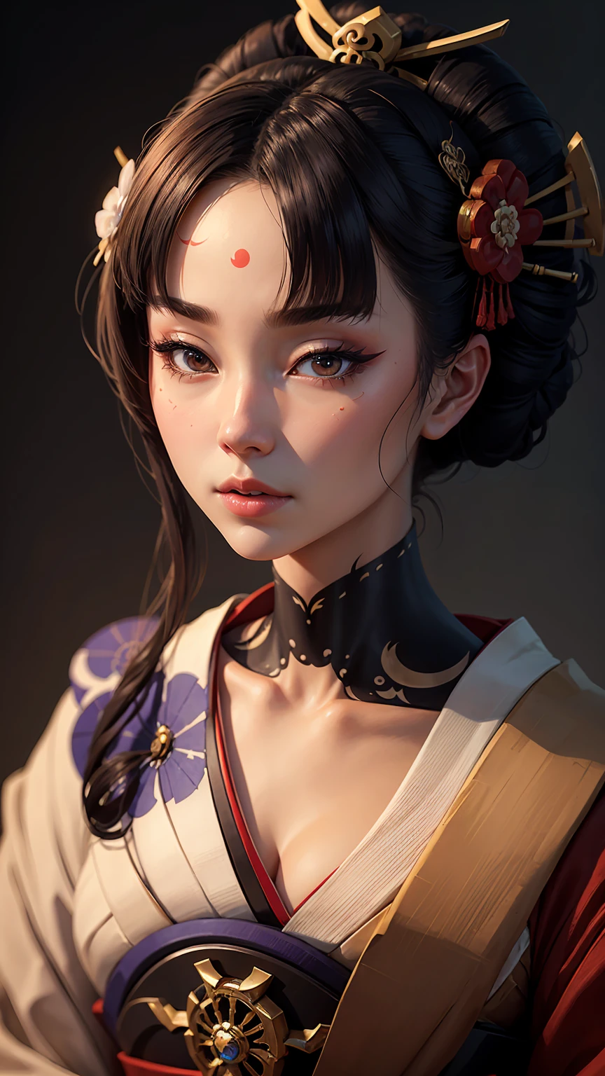 Closeup on face ,masterpiece, Best Quality, ultra detailed,((geisha)) ,cybernetica,cyber parts,Line art, hinata