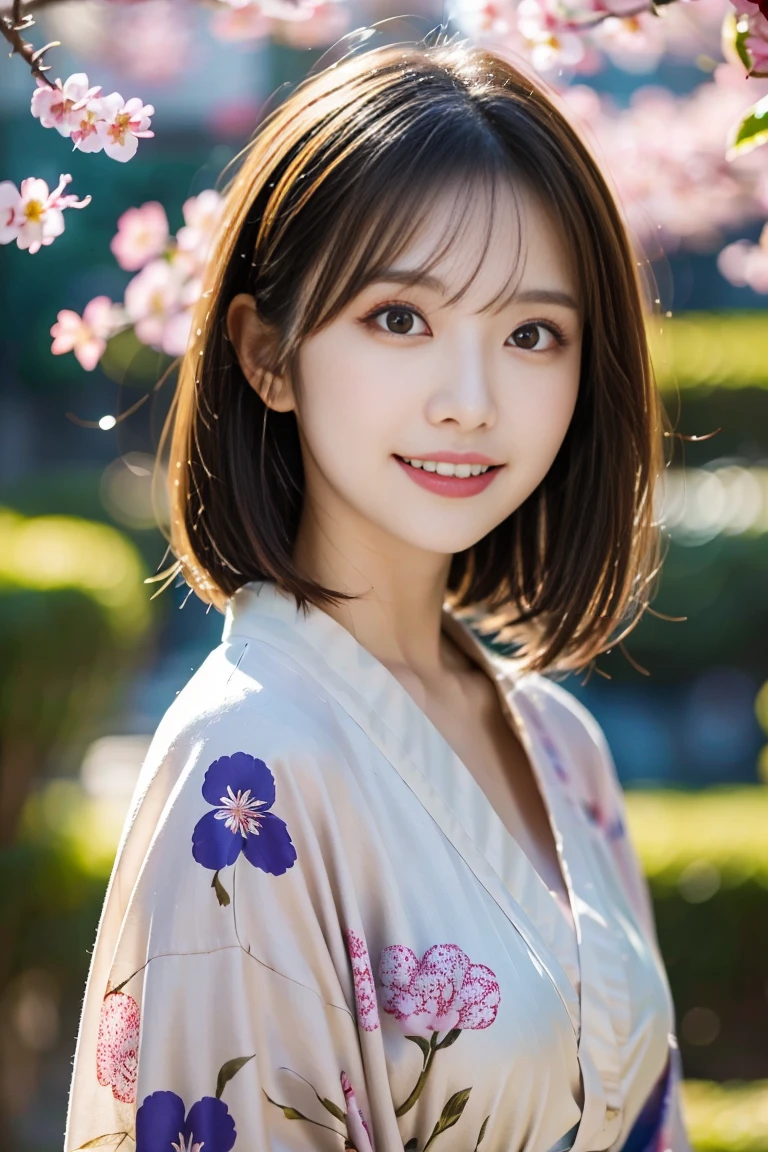 "Beautiful Japanese woman, 25 years old, oval face, high cheekbones,
almond-shaped brown eyes, small nose, full lips, clear pale skin, long straight black
hair reaching mid-back, slender build (height 160cm), gentle smile showing slight
dimples, natural makeup with subtle pink lipstick, wearing a modern floral pattern
kimono in pastel colors, obi in contrasting dark blue, standing in a traditional
Japanese garden with cherry blossoms, soft natural lighting, shallow depth of field,
high-quality digital photography, 8k resolution, hyperrealistic details--ar 2:3--q 2--s
750--v 6.0"