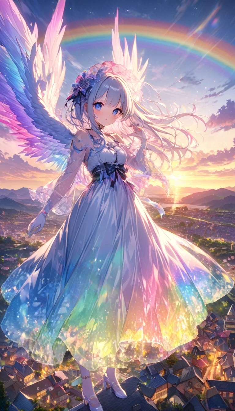 rainbow色の傘、Angel Umbrella, Detailed landscape, sunrise, rainbow, 雨のTown, horizon, In the sky, Town , Lens flare, colorful, An atmosphere full of dreams and hope,masterpiece.16K, Ultra-high resolution, to be born,wonderful ,future、rainbow色の、The world 30 years from now。