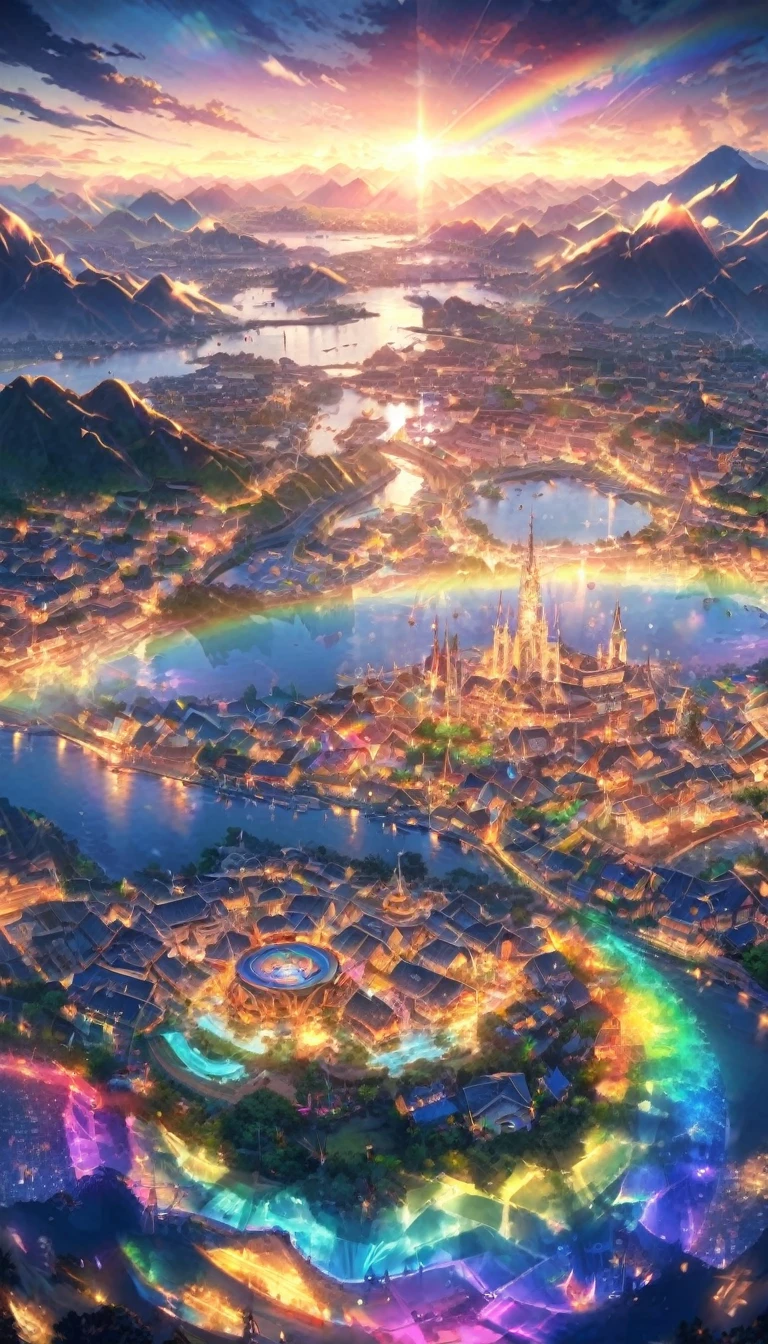rainbow色の傘、Angel Umbrella, Detailed landscape, sunrise, rainbow, 雨のTown, horizon, In the sky, Town , Lens flare, colorful, An atmosphere full of dreams and hope，masterpiece．16K, Ultra-high resolution, to be born,wonderful ,future、rainbow色の、The world 30 years from now。