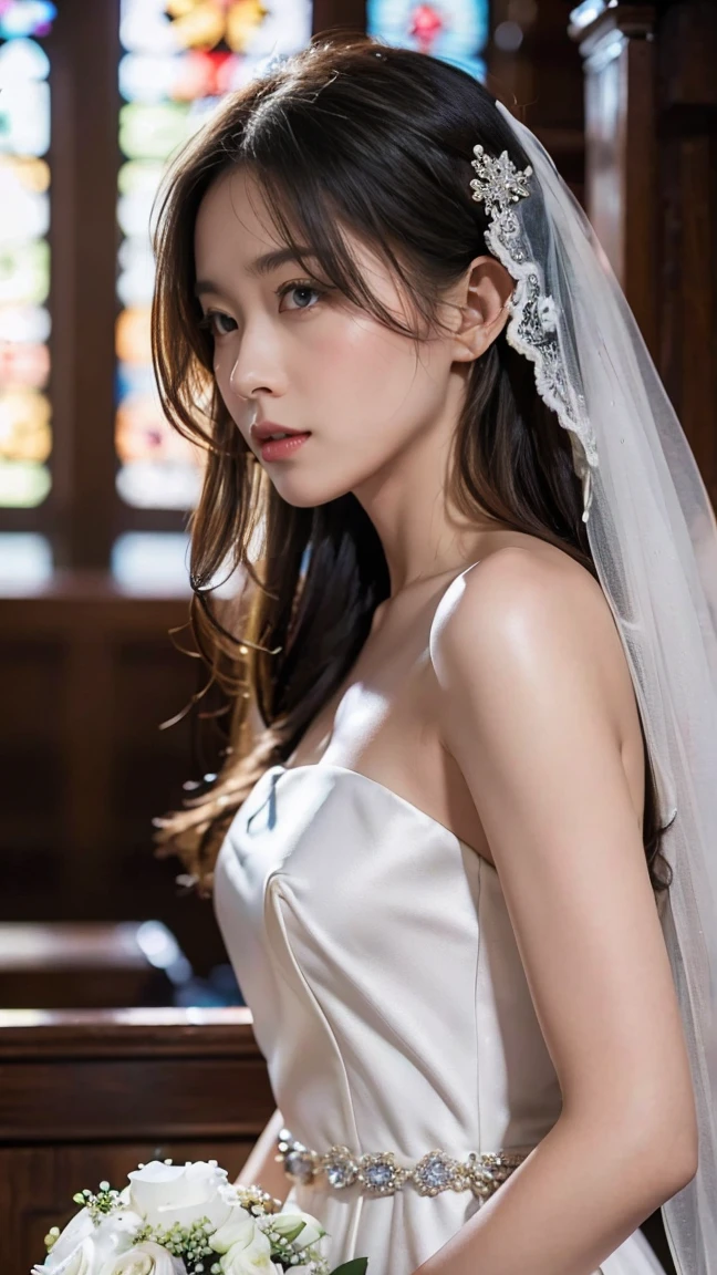 (Masterpiece: 1.4), (Hyper Realistic: 1.4), (Best Quality, 16k, 32k, Masterpiece, UHD: 1.2), Pretty Japan Woman Pictures, 1 Young Girl, Double Eyelids, (Big: 1.2), Sexy Bride, (Pure White Wedding Dress, Wedding Veil)), (Deep Slit: 1.2), (Smile: 1.1), Off Shoulder , ((in the church)), cleavage cutout, (overhead shot), (sideboob), (portrait), (from above), (close to viewer), (imminent kiss: 1.2)