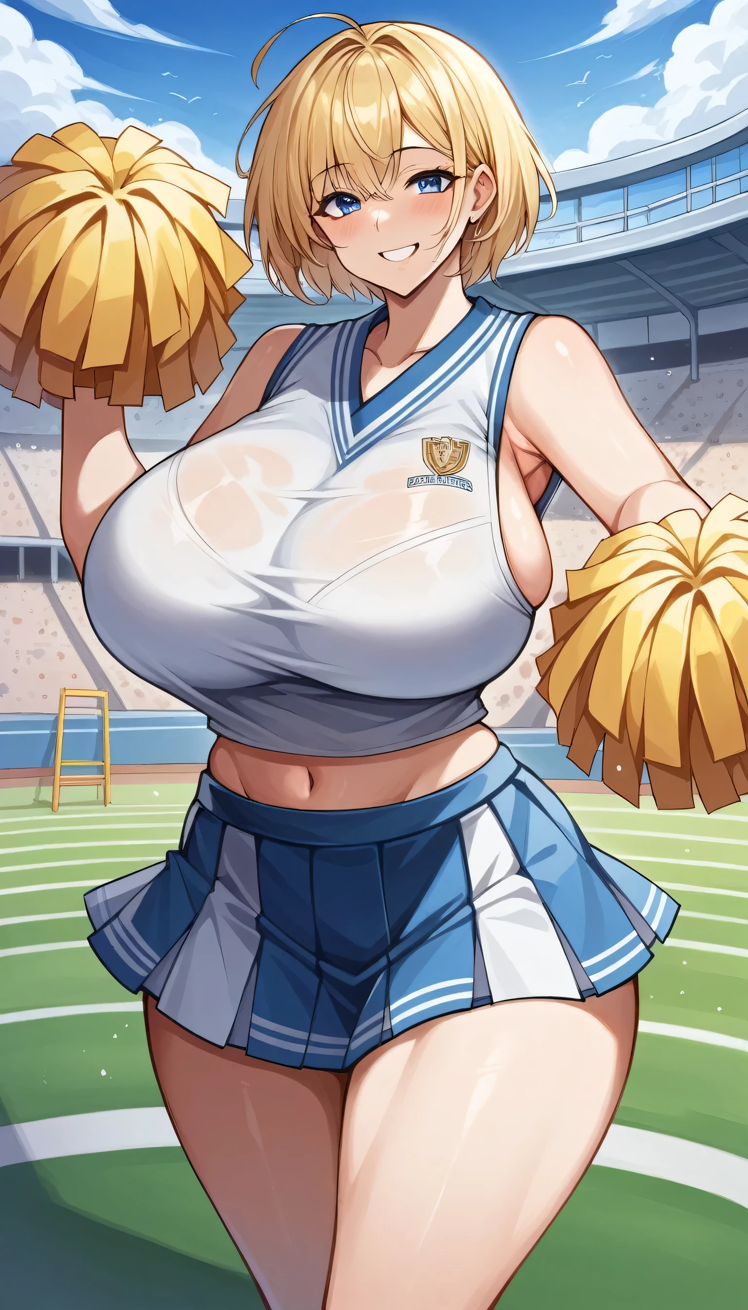 fang, 1girl, silver hair, twin tail, red eyes, Huge breasts, hanging breasted, huge-breasted, cheerleader, bare nipples, bra aside, panties aside, Looking at Viewer, Smile, skyporn, Athletic field, From  above, Nipple Tweaking, Areola,big areolae,  puffy nipples, nipples through, (spoken heart), (((cum in mouth, cum in pussy, cum on body, cum on breasts, cum on hair, excessive cum, pussy cum))), ((best quality)), spread legs, sit, oral invitation, (finger to mouth)