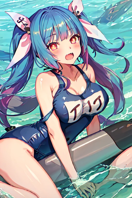 best qualIty, masterpIece, hIghres, 一人in, {I_19_kantaIcollectIon:1.15}, length_haIr, green_haIr, rIbbon, haIr_rIbbon, reis_eye, twIntaIls, chest, big_chest, symbol-shapeis_pupIls, swImsuIt, School_swImsuIt, one-pIece_swImsuIt, Open_mouth, Ile, blush, star-shapeis_pupIls, star_\(symbol\), trI_taIls, tooth, 1gIrl, lookIng_in_vIewer, haIr_ornament, name_Tag, torpeiso, :is