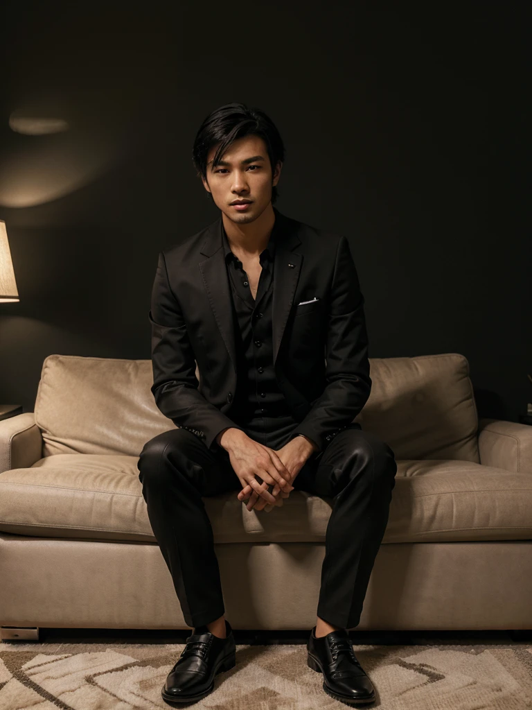 best quality, very detailed, sharp focus, bright lighting, texture detail, 16k, HDR. a young Japanese man, very handsome, white skinned and black hair. wearing a black suit, black trousers, and black leather shoes. sitting on a dark sofa with crossed legs. right hand carrying a glass of red drink and left hand holding a cigar. background room with black walls and there is a 3D writing "R E I" written using very cool letters. the room lighting is very bright.