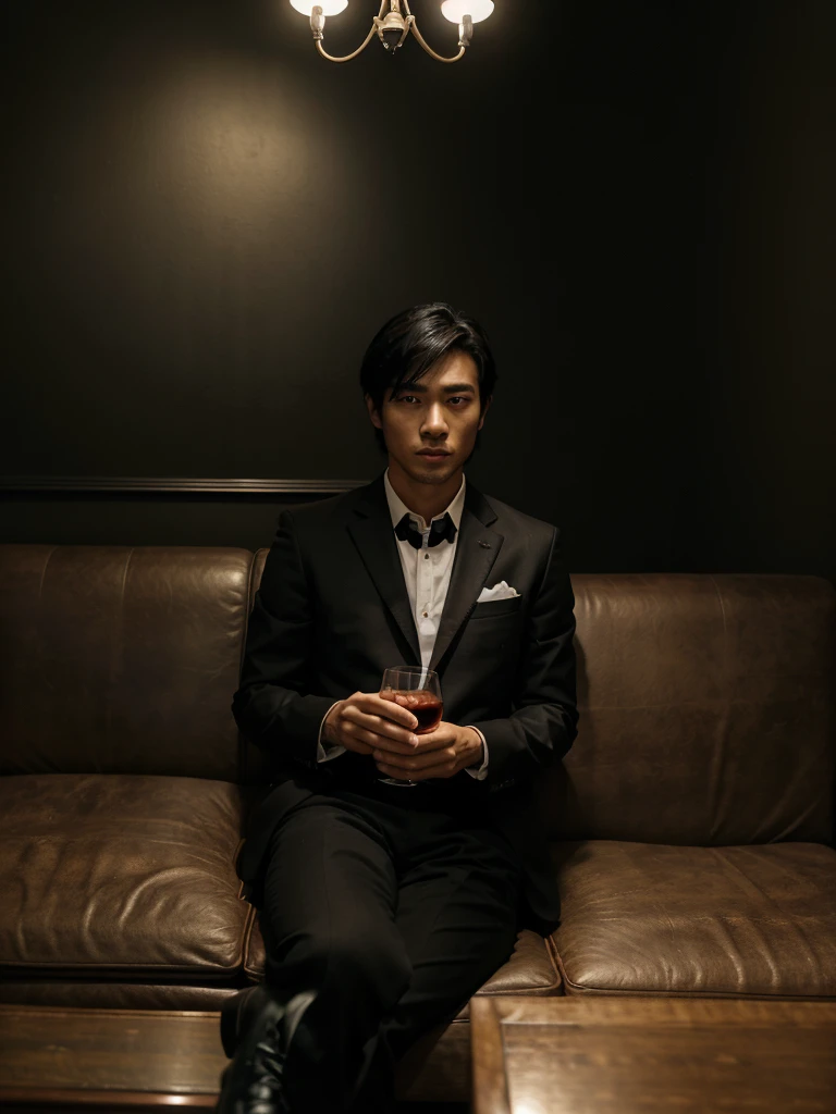 best quality, very detailed, sharp focus, bright lighting, texture detail, 16k, HDR. a young Japanese man, very handsome, white skinned and black hair. wearing a black suit, black trousers, and black leather shoes. sitting on a dark sofa with crossed legs. right hand carrying a glass of red drink and left hand holding a cigar. background room with black walls and there is a 3D writing "R E I" written using very cool letters. the room lighting is very bright.