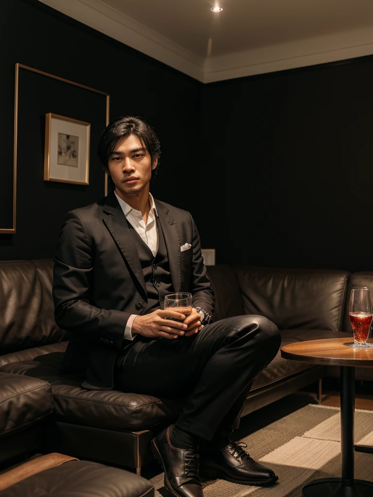 best quality, very detailed, sharp focus, bright lighting, texture detail, 16k, HDR. a young Japanese man, very handsome, white skinned and black hair. wearing a black suit, black trousers, and black leather shoes. sitting on a dark sofa with crossed legs. right hand carrying a glass of red drink and left hand holding a cigar. background room with black walls and there is a 3D writing "R E I" written using very cool letters. the room lighting is very bright.