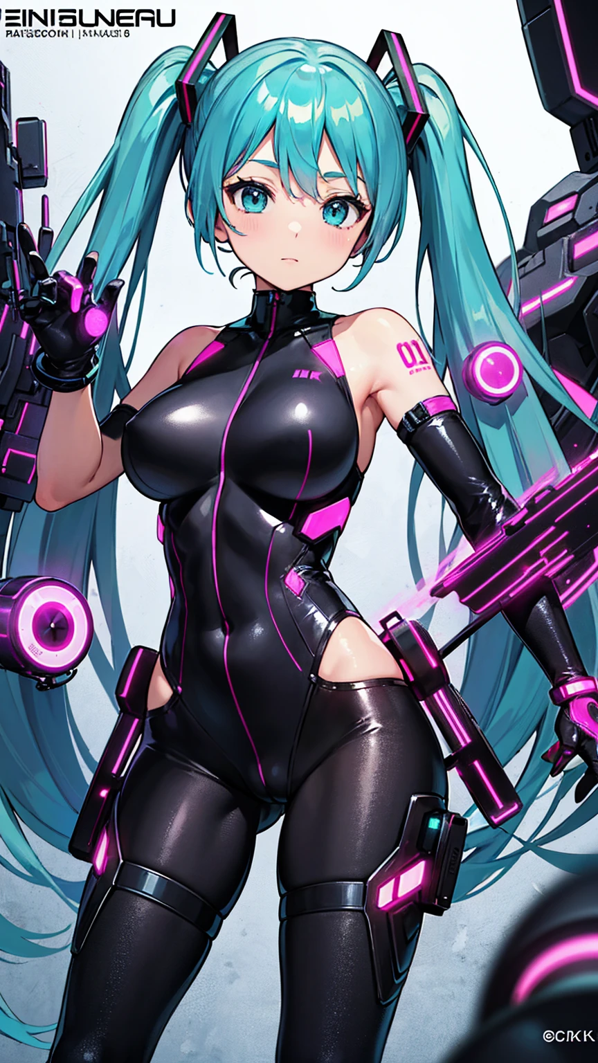 (Official Art、Highest quality、unity 8k wallpaper、32K、 masterpiece、Very detailed、High resolution,Perfect Anatomy), Hatsune Miku VOCALOID、Big Breasts、cyber punk、leotard、black tights、Beautiful anime scene、Beautiful anime scenery、