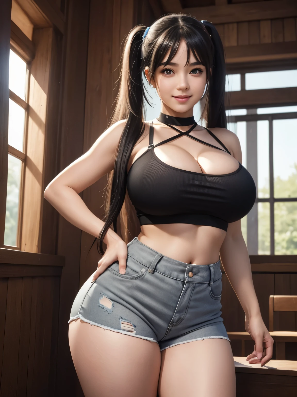 8k, RAW Photo, Best Quality, Masterpiece:1.2), Ultra Detail, Super Resolution, (Realistic, Realistic Photo:1.37), Portrait, High Detail RAW Color Photo, Professional Photo, Extremely Detailed and Beautiful, Extremely detailed, 8k wallpaper, amazing and detailed, huge file size, official art, highly detailed CG unity 8k wallpaper, highly detailed beautiful girl, highly detailed face, highly detailed eyes, highly detailed skin, highly detailed fingers, perfect anatomy, 20s, cute girl, fair skin, smile, cute, youthful, cute face, realistic face, delicate eyes, looking at viewer
1girl, contrapposto, facing front, ahoge, choker, tight top, strap crop top, pink top, bangs, beautiful eyes, tight shorts, sport shorts, gray sport shorts, black hair, long hair, plump lips, smile, solo, twintails, very long hair, colorful pattern, vibrant color, milfication, mature female, childish, , curvy, thick thighs, huge thighs, wide hips, (gigantic breasts, sagging breasts, cleavage1.3)