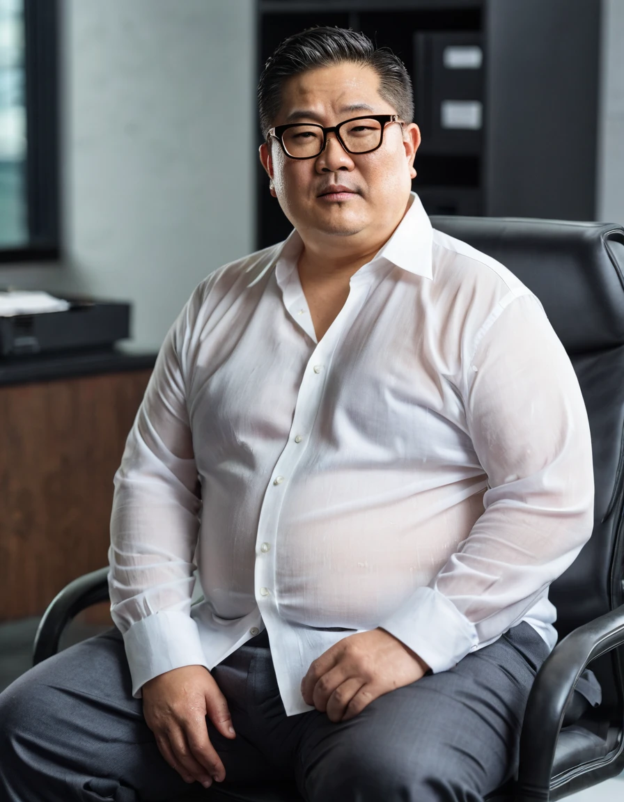 Man, Asian, 50 years old, Fat, Chubby, wearing glasses, wearing a thin white shirt, un buttons, Unbutton your shirt, Shirtless, Wet, Stained, sitting in a chair, office, looking to the left, transparent Tops, sharp image, beautiful lighting.