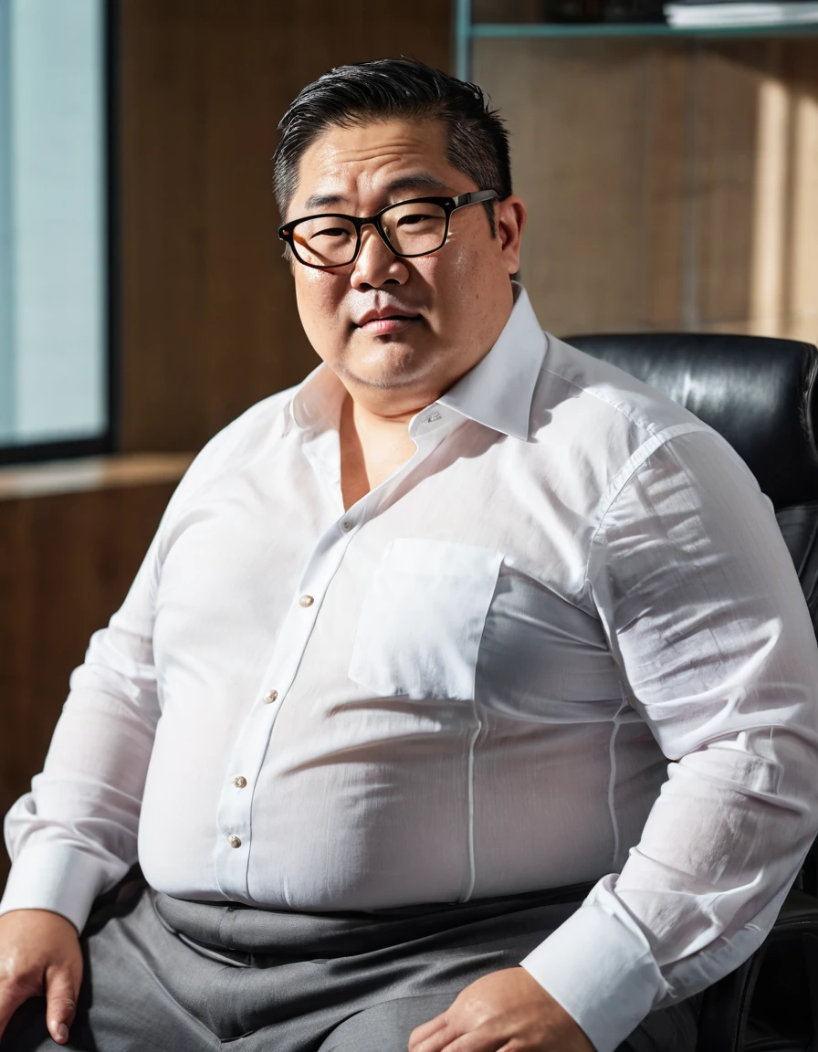 Man, Asian, 50 years old, Fat, Chubby, wearing glasses, wearing a thin white shirt, un buttons, Unbutton your shirt, Shirtless, Wet, Stained, sitting in a chair, office, looking to the left, transparent Tops, sharp image, beautiful lighting.