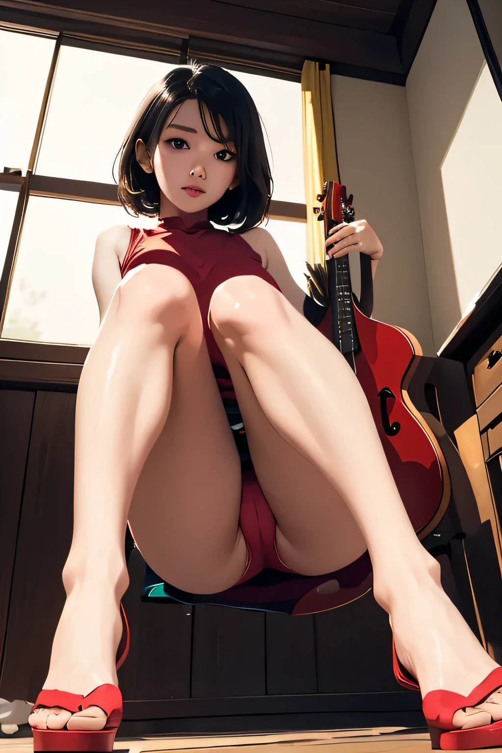 (masterpiece, Highest quality)、live house、Cute girl bassist、Dark Eyes、Gorgeous lighting、Tight mini skirt、Black Hair、Japanese women、She opens her legs to show her red panties、From below、
