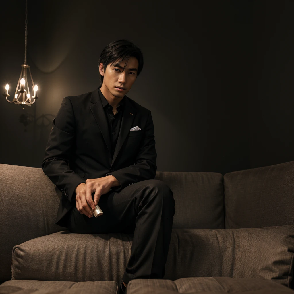 best quality, very detailed, sharp focus, bright lighting, texture detail, 16k, HDR. a young Japanese man, very handsome, white skinned and black hair. wearing a black suit, black trousers, and black leather shoes. sitting on a dark sofa with crossed legs. right hand carrying a glass of red drink and left hand holding a cigar. background room with black walls and there is a 3D writing "R E I" written using very cool letters. the room lighting is very bright.