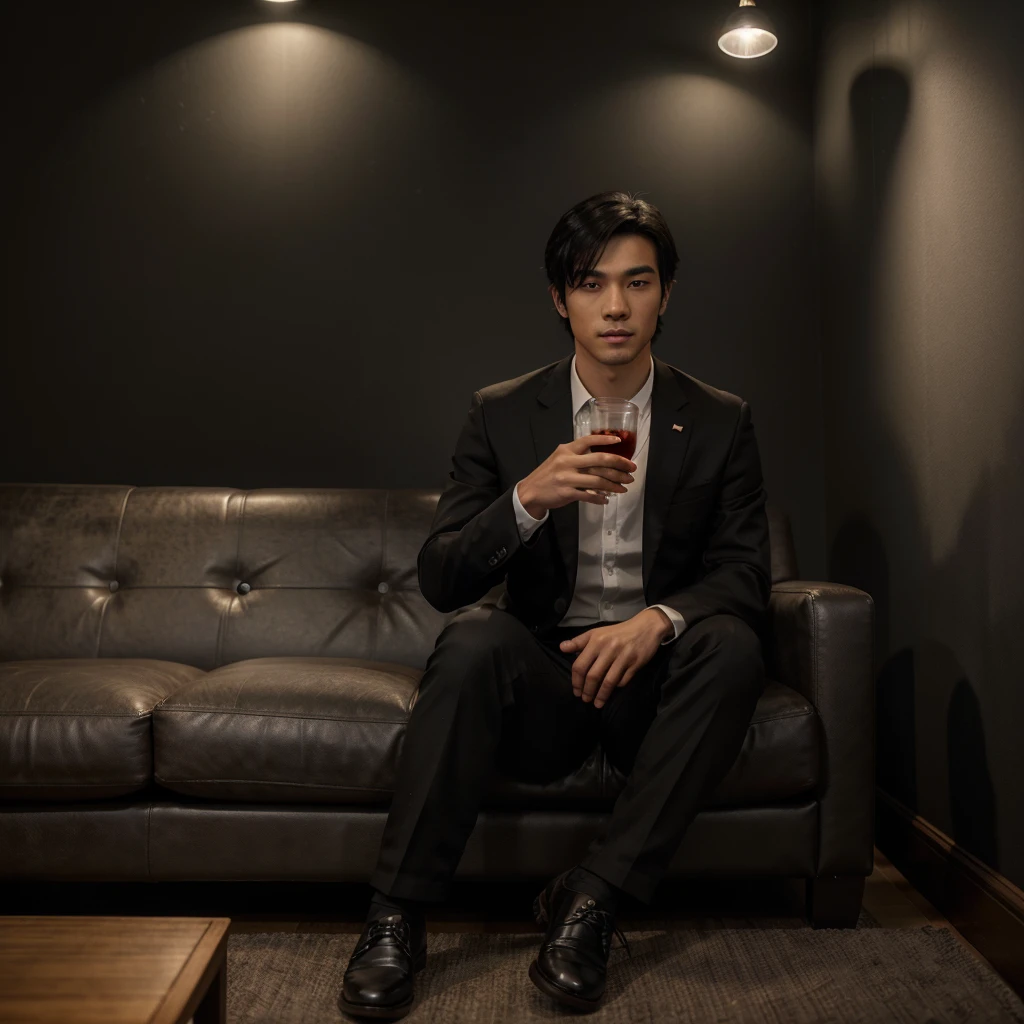 best quality, very detailed, sharp focus, bright lighting, texture detail, 16k, HDR. a young Japanese man, very handsome, white skinned and black hair. wearing a black suit, black trousers, and black leather shoes. sitting on a dark sofa with crossed legs. right hand carrying a glass of red drink and left hand holding a cigar. background room with black walls and there is a 3D writing "R E I" written using very cool letters. the room lighting is very bright.