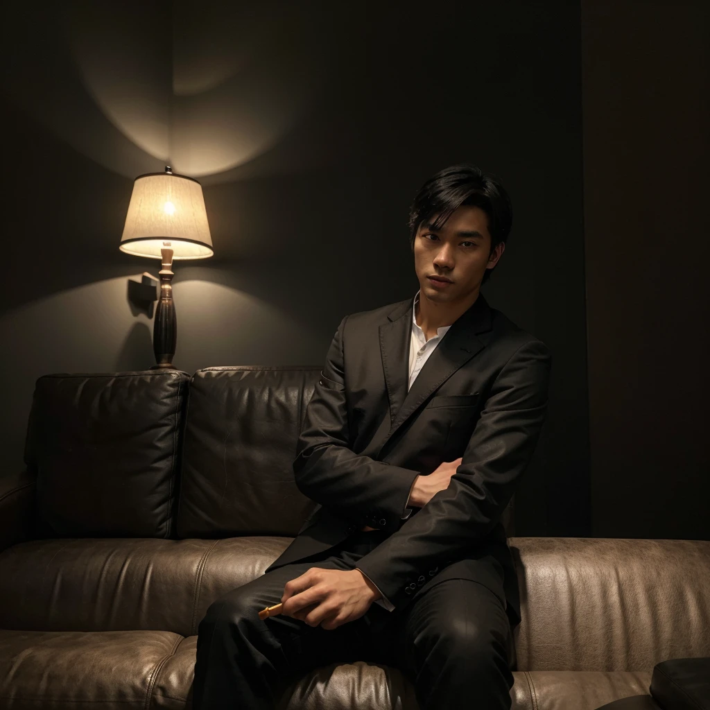 best quality, very detailed, sharp focus, bright lighting, texture detail, 16k, HDR. a young Japanese man, very handsome, white skinned and black hair. wearing a black suit, black trousers, and black leather shoes. sitting on a dark sofa with crossed legs. right hand carrying a glass of red drink and left hand holding a cigar. background room with black walls and there is a 3D writing "R E I" written using very cool letters. the room lighting is very bright.