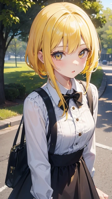 1 girl, yellow hair, in park, ((very high quality)) ((very detailed)) cute expression