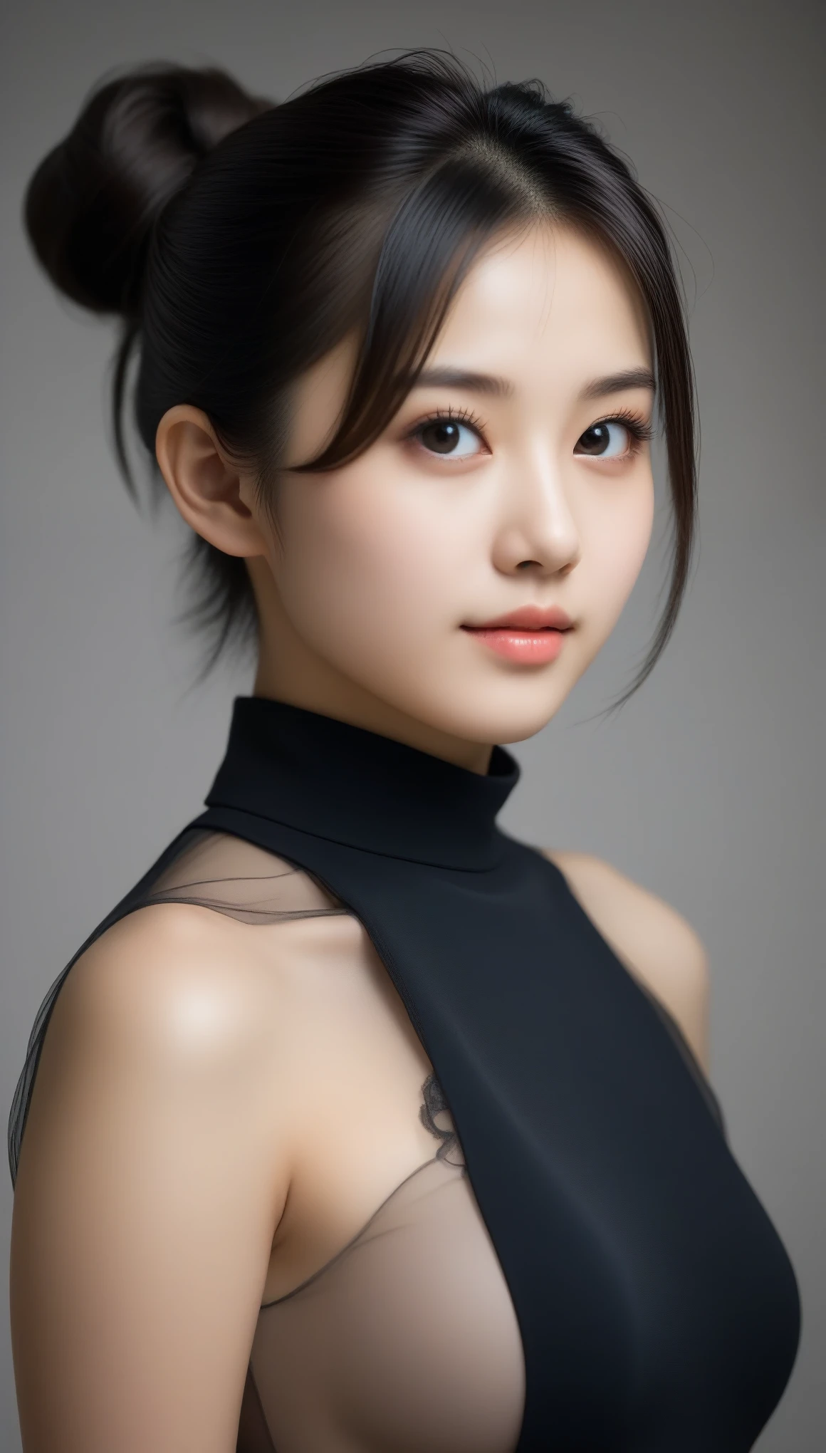 8k, Ultra-high resolution, Highest quality, masterpiece, 三分割法によるphotograph,Surreal, photograph, 1 Girl, (16 years old:1.3), pretty girl, Cute Face, Beautiful eyes in every detail, 細かくdetailedに,masterpiece,One Girl:1.2,Japan Female Teachers,extream close up,glaring,Black short hair,Messy bun hair,(印象派の美しい少女のPortraiture),(Impressionist light and colour), (Avant-garde attire:1.3),(Fairy,Shiny Hair, Beautiful dark eyes, So cute and beautiful,16 years old, ), (smile:0.8),Sharp contours,Looking down, (A future never imagined), ((Abstract background)), Light from above, Low contrast, (Side view),, Perfect and beautiful face ,完璧でCute Face, Skin with attention to detail, Perfect limbs、Narrow waist,Looking at the audience,(((Ideal body type))),A cup small breasts :2,Portraiture:2,Perfect Anatomy,鮮明なdetailed,detailed,Surreal,Light and shadow,stage lights