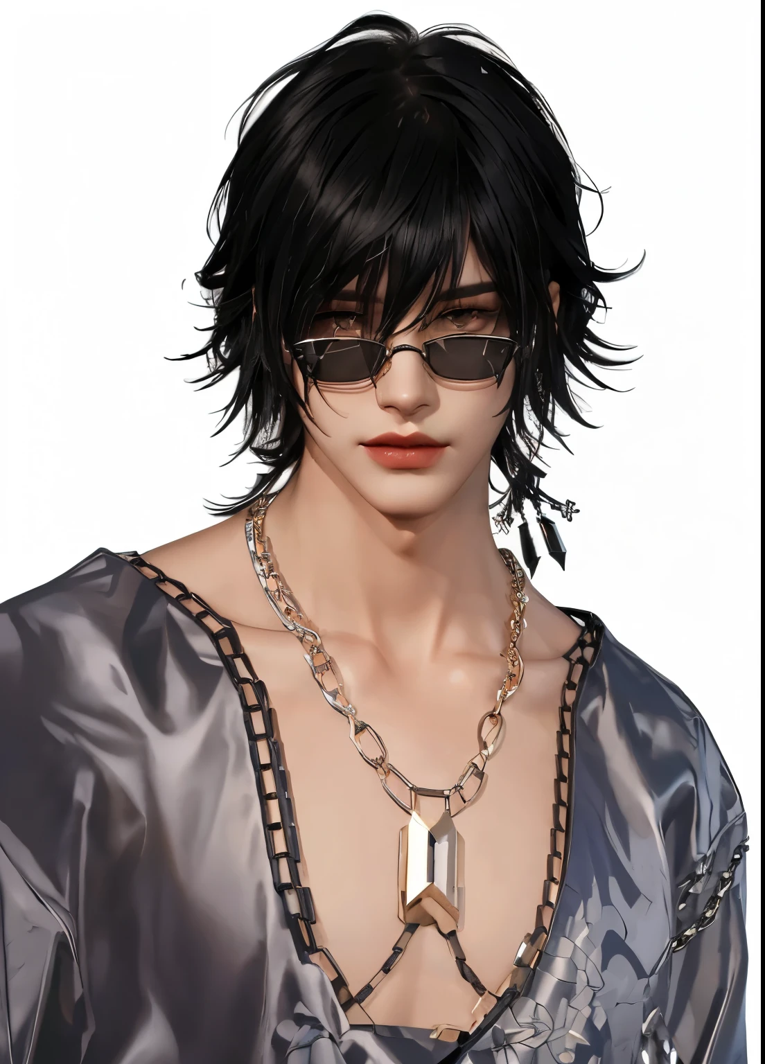 arafed woman with a necklace and a pair of glasses, second life avatar, full body shot close up, evil devious male, close up half body shot, imvu, inspired by Eugene Leroy, full body close-up shot, choker, cyber necklace, wearing a chain, neck chains, wearing chains, lblsck hair, ((chains))