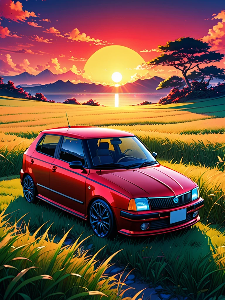 anime landscape of A pearl super laser vivid red metalic pearl color classic Škoda Fabia R6 IV Monte Carlo sport sits in a field of tall grass with a sunset in the background.beautiful anime scene, beautiful anime peace scene, Makoto Shinkai Cyril Rolando, beautiful anime scene, amazing wallpaper, anime art wallpaper 8k, anime background, artistic anime background, anime wallpaper 4k, anime art 4k wallpaper, anime wallpaper art 4k,