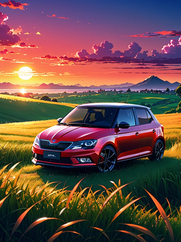 anime landscape of A pearl super laser vivid red metalic pearl color classic Škoda Fabia R6 IV Monte Carlo sport sits in a field of tall grass with a sunset in the background.beautiful anime scene, beautiful anime peace scene, Makoto Shinkai Cyril Rolando, beautiful anime scene, amazing wallpaper, anime art wallpaper 8k, anime background, artistic anime background, anime wallpaper 4k, anime art 4k wallpaper, anime wallpaper art 4k,