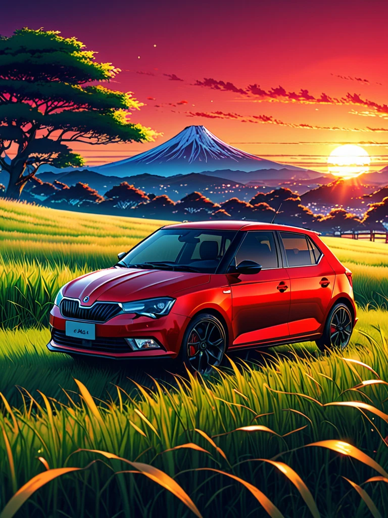anime landscape of A pearl super laser vivid red metalic pearl color classic Škoda Fabia R6 IV Monte Carlo sport sits in a field of tall grass with a sunset in the background.beautiful anime scene, beautiful anime peace scene, Makoto Shinkai Cyril Rolando, beautiful anime scene, amazing wallpaper, anime art wallpaper 8k, anime background, artistic anime background, anime wallpaper 4k, anime art 4k wallpaper, anime wallpaper art 4k,