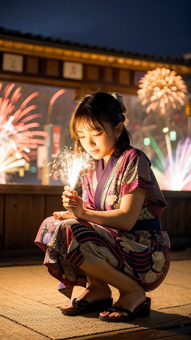 ((Highest quality)), ((masterpiece)), (detailed)Hand-held fireworks,yukata,girl,Crouching