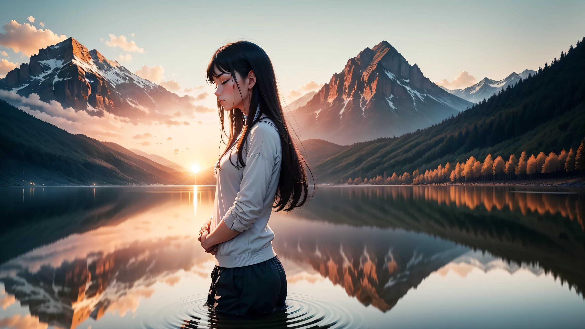 A breathtaking scene with a spectacular sunset over a calm lake surrounded by majestic mountains. En el centro de la imagen, a person stands with hands folded in prayer and eyes closed in deep meditation. Just above them, An artistic representation of God, surrounded by a divine aura of light, look with compassion at the person meditating. A luz dourada do sol poente banha a paisagem, creating a peaceful and spiritual atmosphere