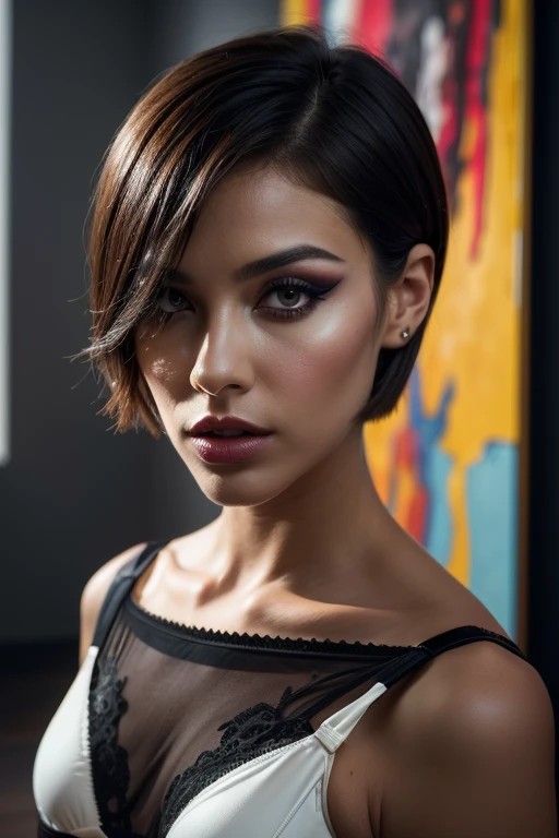 a woman with avant-garde makeup, sleek bob haircut, modern art-inspired lingerie set with bold patterns and abstract designs, standing in a contemporary art gallery, (best quality,4k,8k,highres,masterpiece:1.2),ultra-detailed,(realistic,photorealistic,photo-realistic:1.37),high fashion portrait, dramatic lighting, moody atmosphere, vibrant colors, abstract background