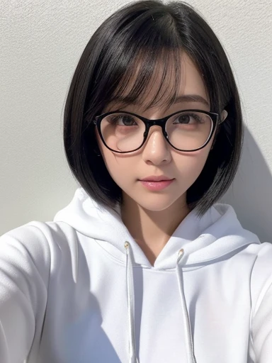 20-year-old women、Japanese、Beauty、The eyes are double、White hoodie、White Background、Beautiful breasts、Beautiful Skin、Glossy lips、Black short hair、Black Hair、Black-rimmed glasses、Upper Body、head whole、Selfie from diagonally above