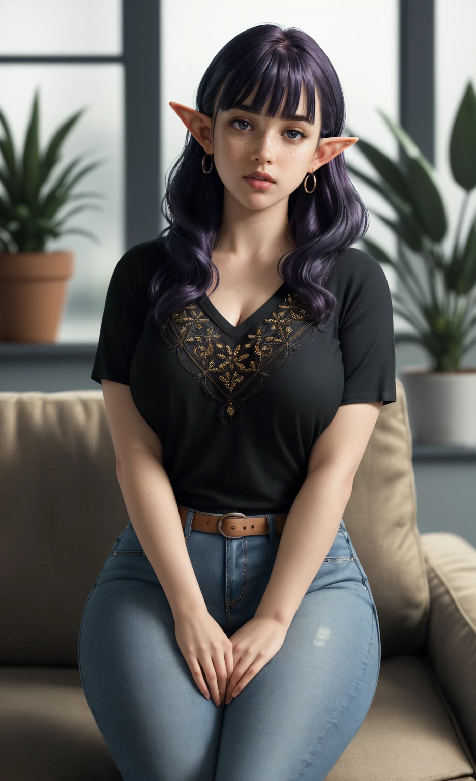 (masterpiece), (extremely intricate:1.3), (realistic), freckles, pale skin, (wavy deep purple hair with bangs and a fringe:1.2), (elf ears:1.1), portrait of a girl, short and curvy body type, chubby, thick, huge perfect breasts, heaving bosom, thick thighs, the most beautiful in the world, (v-neck T-shirt, black jeans), detailed textures, (tattoos on arms), heavy makeup, in a trendy office building, sitting on a sofa in a room with lots of potted plants, sitting cross legged, professional photograph of a stunning woman detailed, looking at the camera, alluring stare, dreamlike quality, detailed eyes, sharp focus, dramatic, award winning, cinematic lighting, octane render unreal engine, volumetrics dtx, (film grain, blurry background, blurry foreground, bokeh, depth of field, motion blur:1.3)