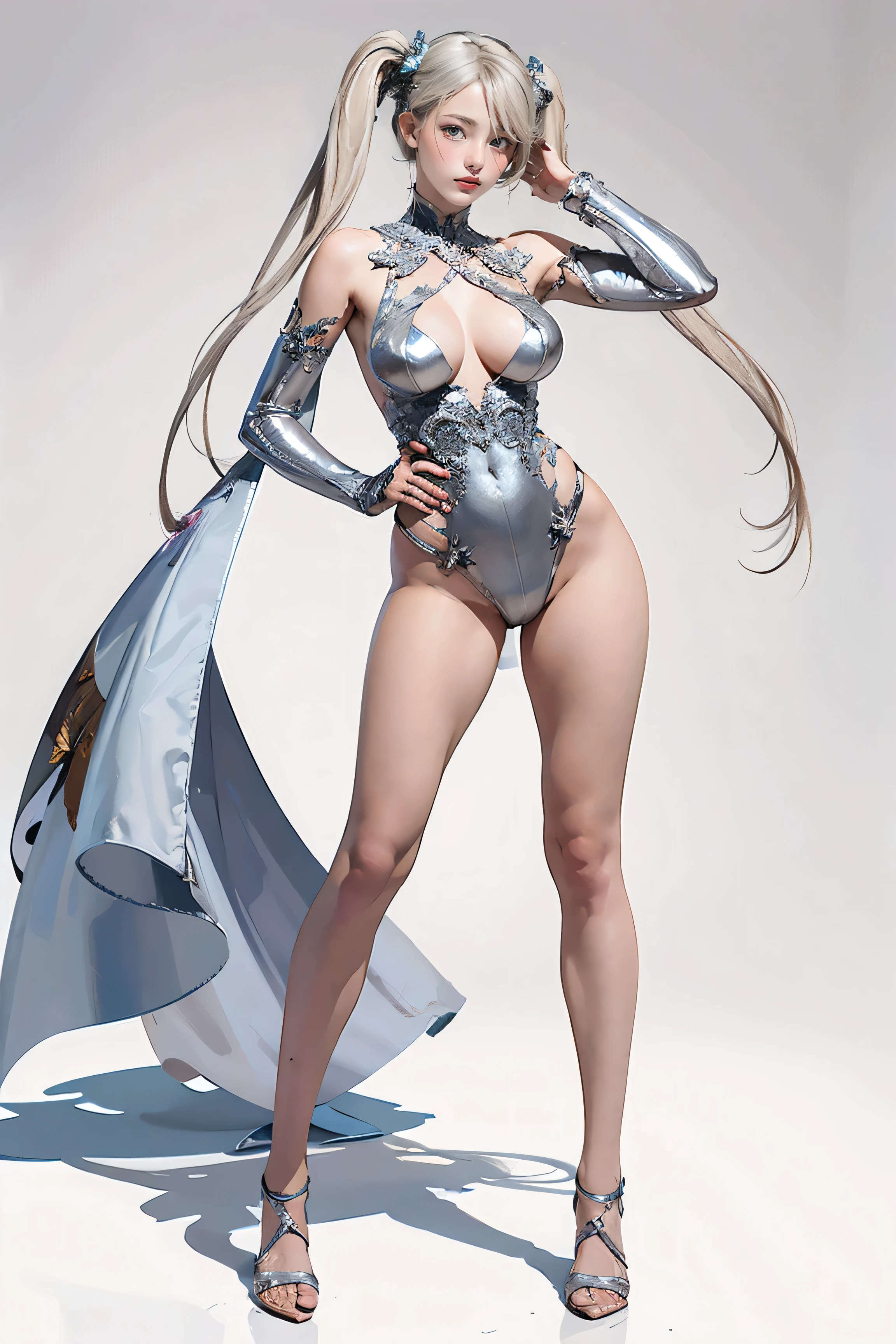 Masters of Animation, A perfect masterpiece, On a snow-white background、Cool Outfits, Sexy and modern clothing、Sexy mature modern woman standing, Flowing silver hair, Twin tails,Full Body Stand Posture, Thin legs, Large Breasts, Detailed facial details, Natural and beautiful standing posture, Crisp and realistic body detail,(Browsing Caution:0.5)