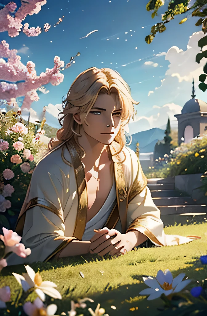 Create an image of a young man in a heavenly garden with golden light and bright flowers at dawn. The man must have fair skin, wavy blond hair, blue eyes, and a serene expression. He must have golden wings and be dressed in a white robe. The atmosphere must convey healing and protection. Use 8k resolution, with celestial fantasy rendering style. The lighting should be golden, with ultra-fine details. The image should tell the story of Raphael as a healing archangel, highlighting his aura of healing and protection in a heavenly garden. The face must be detailed, with lots of details.