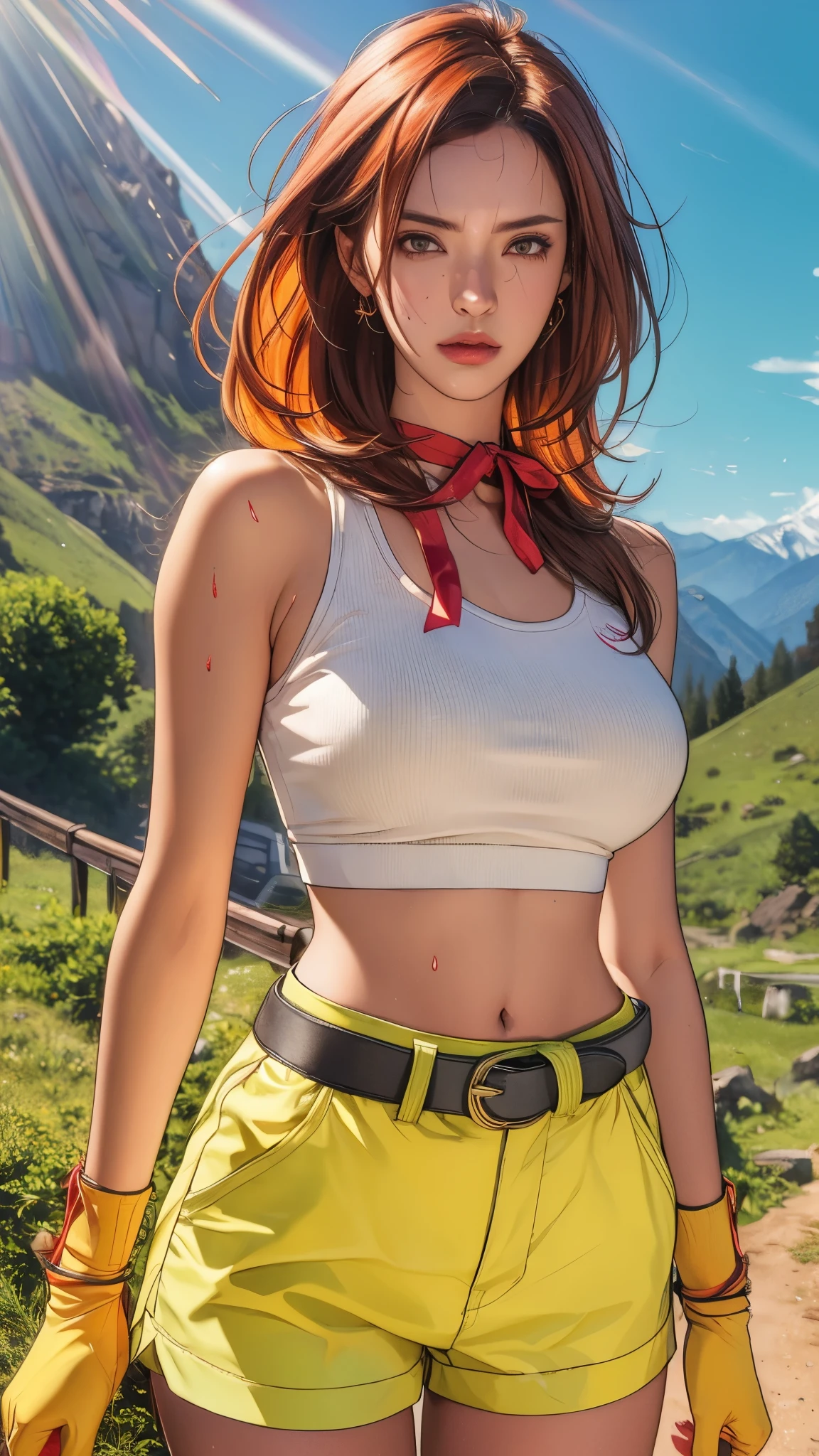 ((((masterpiece, best quality, high resolution)))), Extremely detailed 8K, 1 female, (Launch from Dragon Ball) wearing a light-green belly-baring crop tank top, yellow shorts with a red belt, brown fingerless gloves and red shoes with the Nike insignia worn with green sock, ((with a red ribbon on her hair)), (Ultra HD, Ultra-detailed, Highly detailed, Highly realistic, Ultra-realistic, photograph realistic), (1girl:1.5), (Realistic long yellow hair), (dynamic poses), facing at camera, looking at viewer, (a serious focus face), (regular black eyes, sharp eyes), (perky breasts:1.2), (beautiful detailed face, beautiful detailed eyes), ((slightly sweating)), (mountainous background), sweat, glow, (sunbeam, sunlight), ((cowboy shot)), seductive, EnvyBetterHands LoCon,