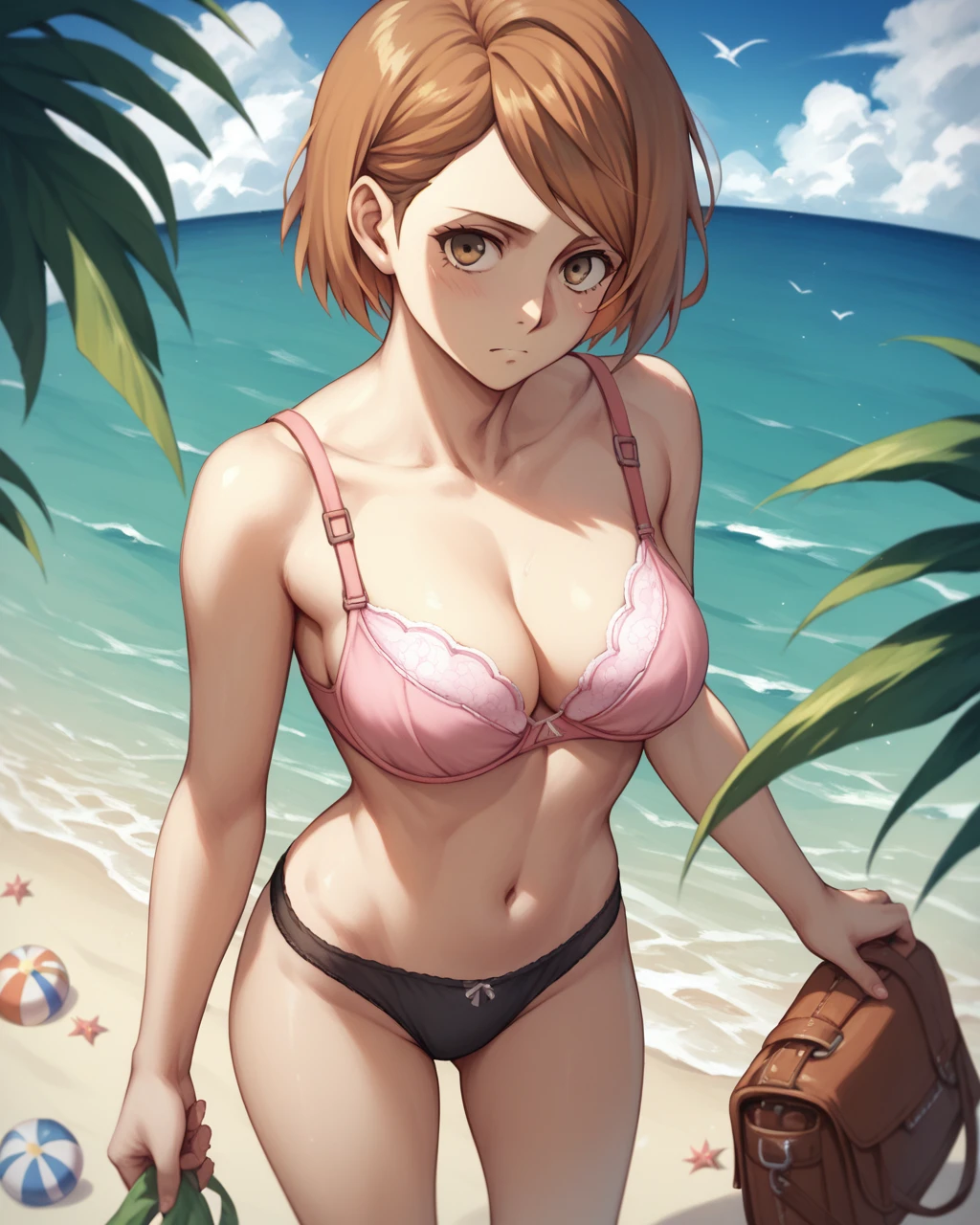 score_9, score_8_up, score_7_up, petra ral, 1girl, solo, short hair, brown hair, brown eyes, pink bra, black panties ,beach,whole body,stand
