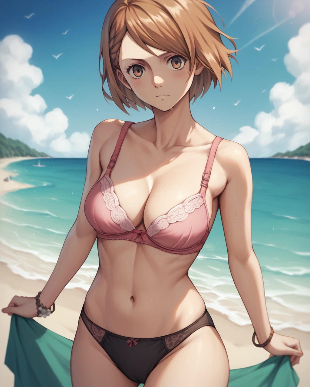 score_9, score_8_up, score_7_up, petra ral, 1girl, solo, short hair, brown hair, brown eyes, pink bra, black panties ,beach,whole body,stand
