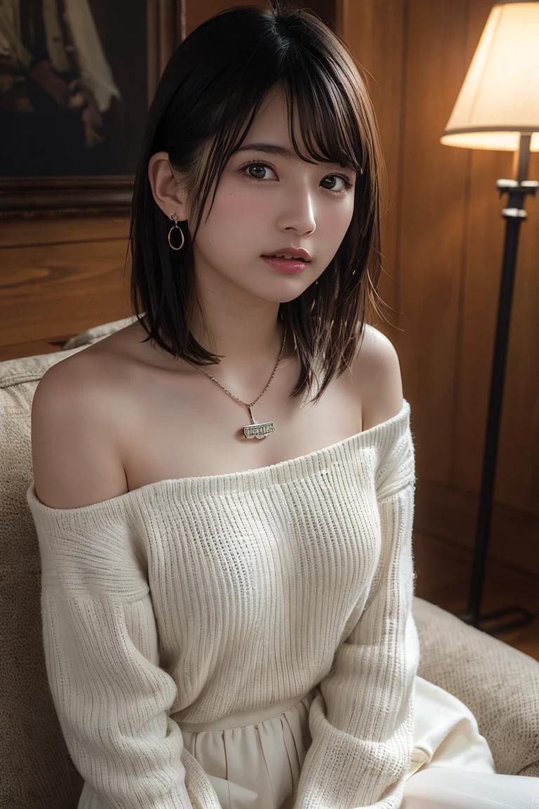(Highest quality:1.4),(masterpiece:1.4),(Realistic:1.4),(Realistic:1.2),(超High resolution, RAW Photos:1.4),(High resolution, Ultra-detailed:1.2),(8k:1.2),View your viewers,Cinematic photography,One girl,skeletally correct,Black-haired woman,Woman in her early 20s,(Small earrings,necklace,Cream-colored summer knit with bare shoulders),(Western-style building interior,Dimly lit room,The lamplight shines on my cheeks,Sit on the sofa)