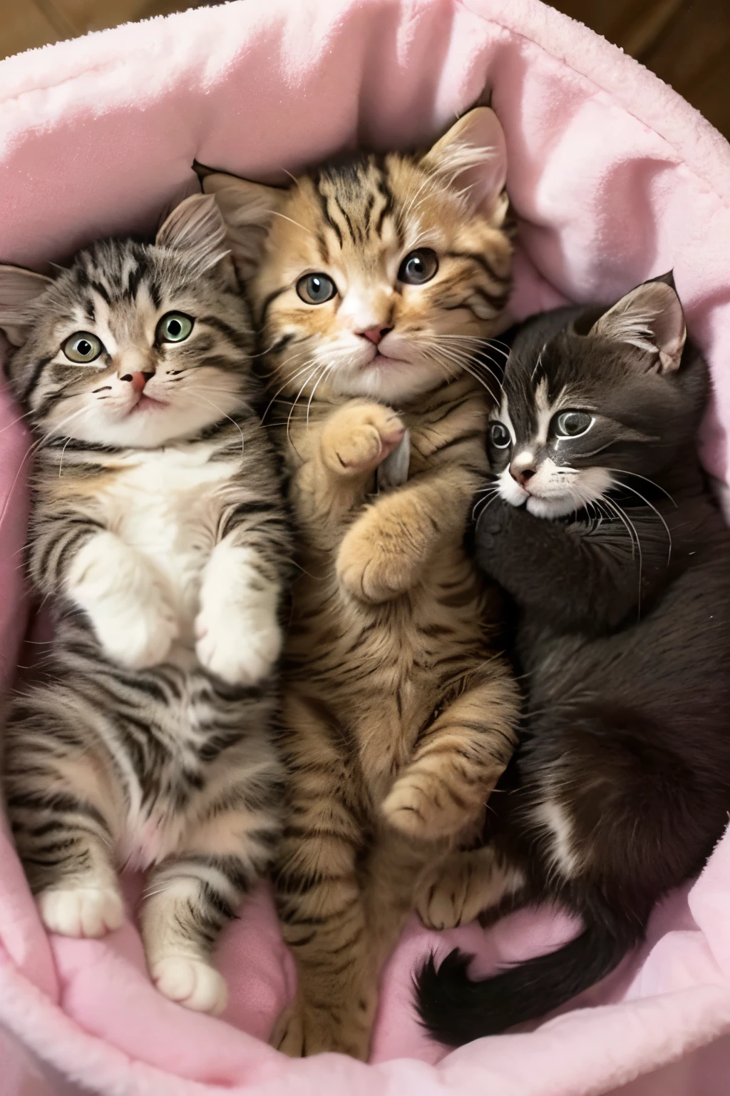 "In a quiet corner of a small town, a mother cat gives birth to three kittens. The mother cat, a cute brown Scottish Fold, is lying on her left side with her body slightly curled around her newborns. She looks relieved and joyful as she lovingly gazes at her kittens, her eyes half-closed in contentment. One kitten is curled up sleeping peacefully against her belly, another is stretching its tiny front paws with a sleepy expression, and the third is nuzzling close to her side while trying to nurs