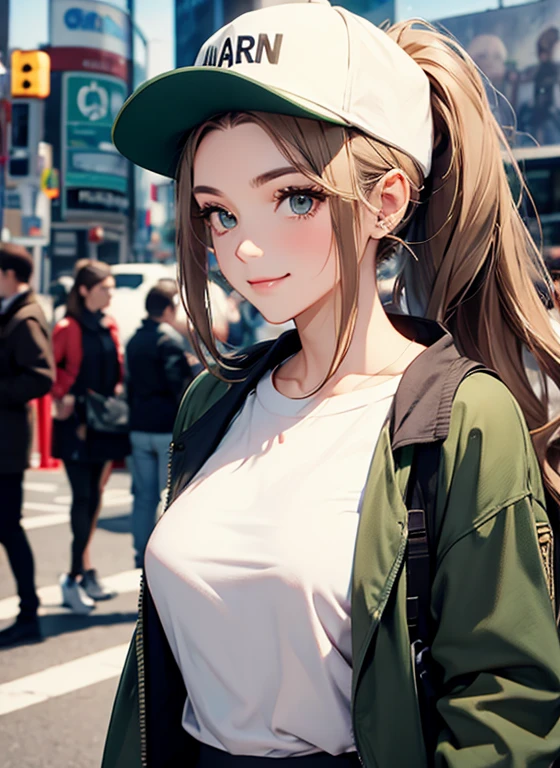 Female((30-years old)), hair((straight, Golden brown)), Eyes((smart Eyes, Green)), Clothes(New York Fashion Week, light gray), Smiling, Breast Out, Ponytail, Accessories, baseball cap, covered nipples