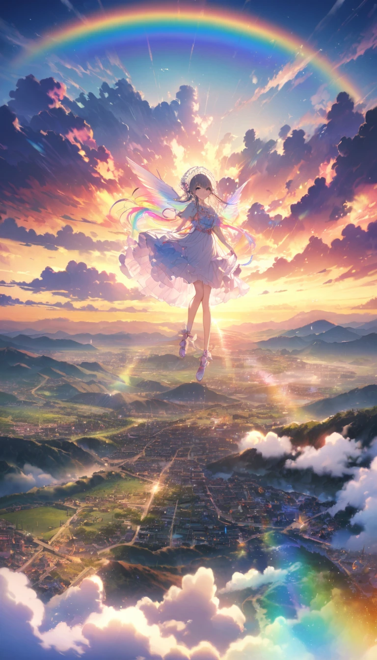 rainbow色の傘、Angel Umbrella, Detailed landscape, sunrise, rainbow, Rainy Town, horizon, In the sky, cloud、rainbow色のcloud , Lens flare, colorful, An atmosphere full of dreams and hope，masterpiece．16K, Ultra-high resolution, to be born,wonderful ,future、rainbow色の、The world 30 years from now。